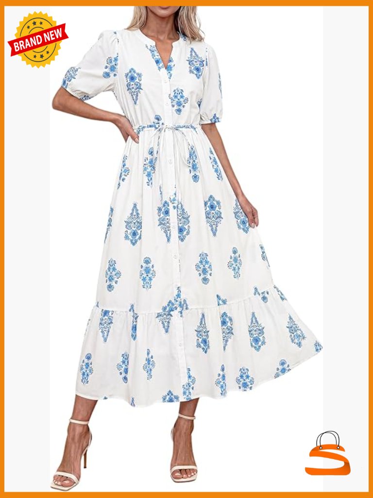 Women's Cotton Midi Dress V-Neck Short Sleeve Boho Floral A-Line With Pockets